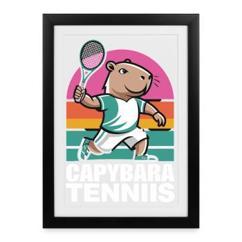 Capybara Tenniis Drôle Capybara Tennis Rétro - Affiche encadrée (27 × 37 cm) - noir - Devant