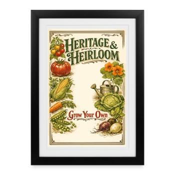 Heritage & Heirloom – Design vintage de sac de graines - Affiche encadrée (27 × 37 cm) - noir - Devant