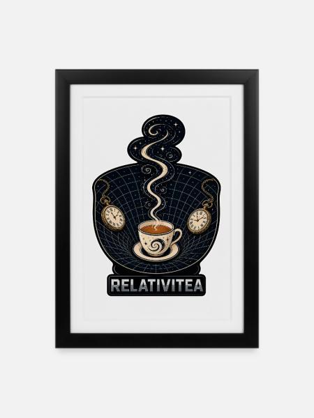 RELATIVITEA – Kosmischer Tee und Zeit - Gerahmtes Poster (27 × 37 cm) - Schwarz