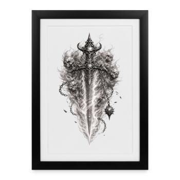 Graphique gothique de l’épée du crâne enflammé - Affiche encadrée (27 × 37 cm) - noir - Devant