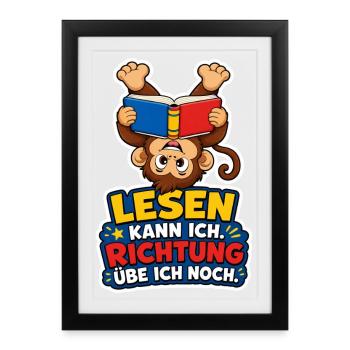 Affe liest verkehrt Lesen kann ich Spruch Lustig - Gerahmtes Poster (27 × 37 cm) - Schwarz - Vorne