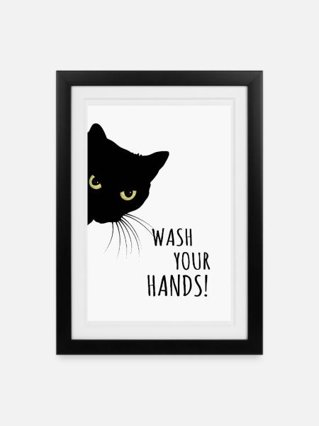 Wash Your Hands! – Lustiges Katzenposter - Gerahmtes Poster (27 × 37 cm) - Schwarz