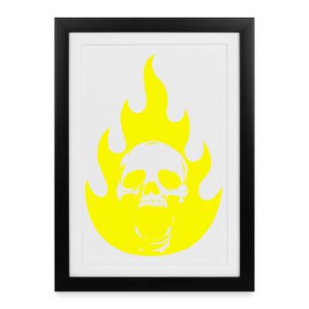 Crâne et flamme jaune - Affiche encadrée (27 × 37 cm) - noir - Devant