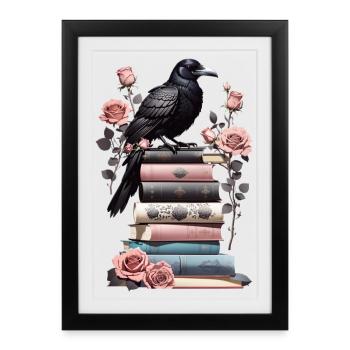 Stack of books with raven - Framed poster (27 × 37 cm) - black - Front