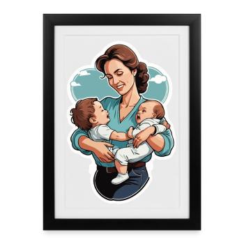 Liebevolle Mutter mit Zwillingsbabys - Gerahmtes Poster (27 × 37 cm) - Schwarz - Vorne