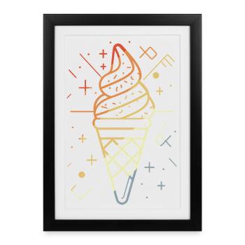 Cornet de crème glacée croquis style rétro - Affiche encadrée (27 × 37 cm) - noir - Devant