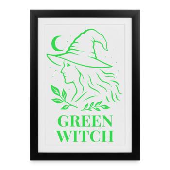 Green Witch with Moon and Leaves in Green - Framed poster (27 × 37 cm) - black - Front