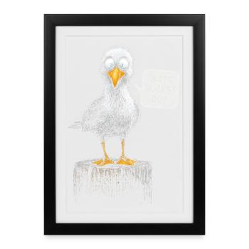 Que regardes-tu ? Mouette effrontée – Humour de la mer du Nord - Affiche encadrée (27 × 37 cm) - noir - Devant