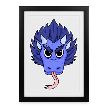 Cartoon Drache Blau - Gerahmtes Poster (27 × 37 cm) - Schwarz - Vorne