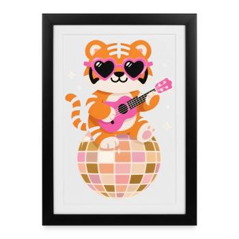 Drôle de tigre disco danse boule groovy des années 80 - Affiche encadrée (27 × 37 cm) - noir - Devant