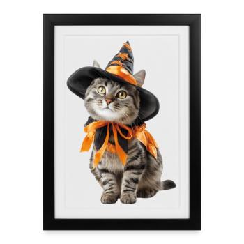 Déguisement de sorcier sorcier chat Halloween - Affiche encadrée (27 × 37 cm) - noir - Devant