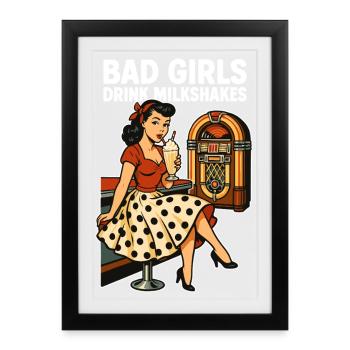 Pin-up des années 50 : Bad Girls boivent des milkshakes Rockabilly - Affiche encadrée (27 × 37 cm) - noir - Devant