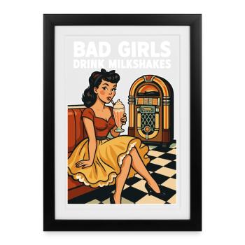 Pin-up des années 50 : Bad Girls boivent des milkshakes Rockabilly - Affiche encadrée (27 × 37 cm) - noir - Devant