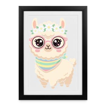 Lama pastel avec couronne florale - Affiche encadrée (27 × 37 cm) - noir - Devant
