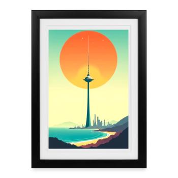 Tour du coucher au-dessus de la ville côtière - Affiche encadrée (27 × 37 cm) - noir - Devant