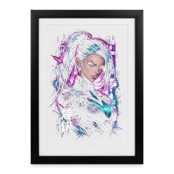 Femme Héroïne cyberpunk néon violet - Affiche encadrée (27 × 37 cm) - noir - Devant