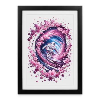 Astronaute surf dans un vortex, fleurs de cerisier - Affiche encadrée (27 × 37 cm) - noir - Devant