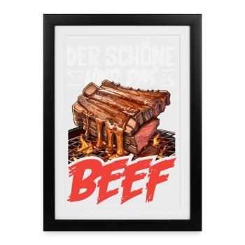 Der Schöne Und Das Beef Lustiger Grillmeister BBQ - Gerahmtes Poster (27 × 37 cm) - Schwarz - Vorne