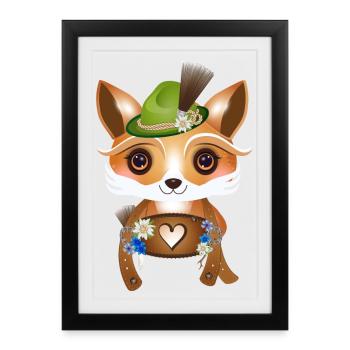 Renard mignon avec chapeau traditionnel et bavoir coeur - Affiche encadrée (27 × 37 cm) - noir - Devant