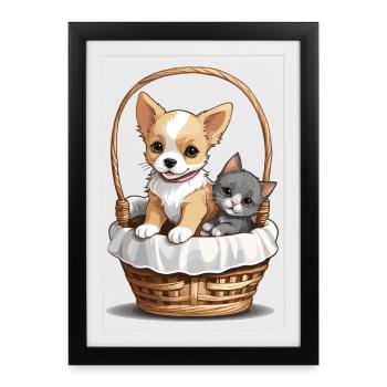 Chien et chat mignons dans un panier - Affiche encadrée (27 × 37 cm) - noir - Devant