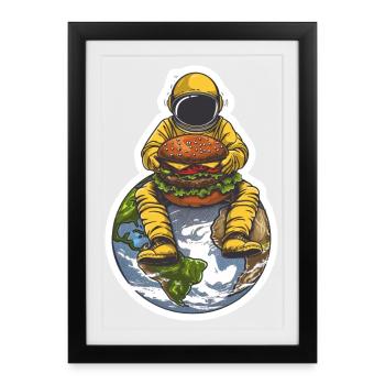 Un astronaute est heureux de son hamburger dans l’espace - Affiche encadrée (27 × 37 cm) - noir - Devant