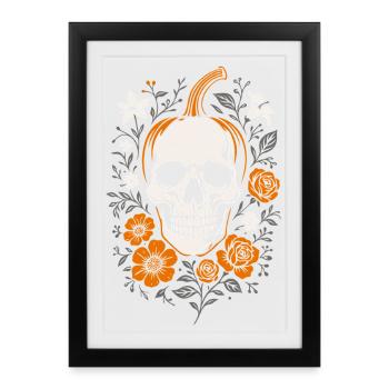 Floraler Kürbiskopf mit Totenkopf - Halloween - Gerahmtes Poster (27 × 37 cm) - Schwarz - Vorne