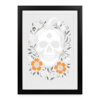 Halloween Skull with Pumpkin Stem & Flowers - Framed poster (27 × 37 cm) - black - Front