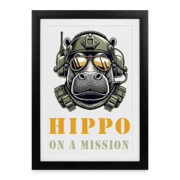 Hippopotame en mission - Conception militaire - Affiche encadrée (27 × 37 cm) - noir - Devant