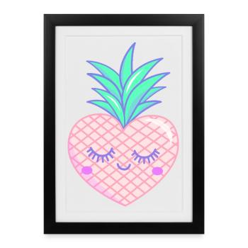Pink Heart Pineapple Kawaii Pastel Colors - Affiche encadrée (27 × 37 cm) - noir - Devant