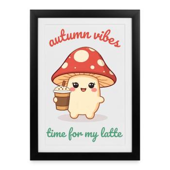 Champignon d’automne Citrouille Spiced Latte Kawaii - Affiche encadrée (27 × 37 cm) - noir - Devant