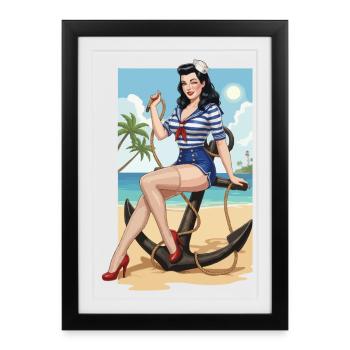 Pin-up de marin de plage - Affiche encadrée (27 × 37 cm) - noir - Devant
