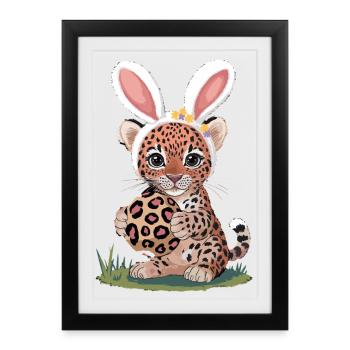 Un joli bébé léopard de Pâques avec des oreilles de lapin et - Affiche encadrée (27 × 37 cm) - noir - Devant