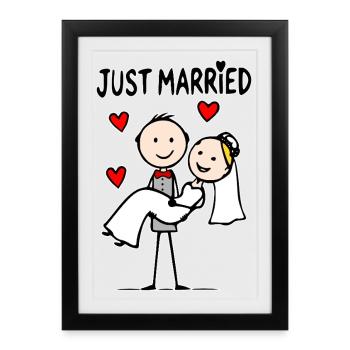 Couple de mariage en dessin animé tout juste marié - Affiche encadrée (27 × 37 cm) - noir - Devant