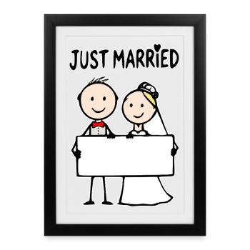 Panneau de dessins animés du couple de mariés - Affiche encadrée (27 × 37 cm) - noir - Devant