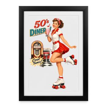Pin-up de diner des années 50 : roller rétro et milkshake - Affiche encadrée (27 × 37 cm) - noir - Devant