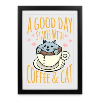 Chat dans la tasse à café avec message positif - Affiche encadrée (27 × 37 cm) - noir - Devant