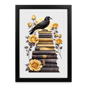 Stack of books with raven - Framed poster (27 × 37 cm) - black - Front