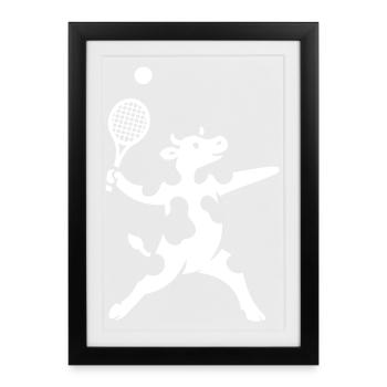 Minimalistische Kuh Tennisspieler Aufschlag  - Gerahmtes Poster (27 × 37 cm) - Schwarz - Vorne