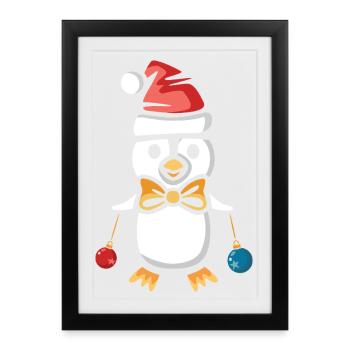 Pingouin de Noël avec chapeau et boules de Noël - Affiche encadrée (27 × 37 cm) - noir - Devant