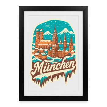 Munich en hiver - Illustration romantique - Affiche encadrée (27 × 37 cm) - noir - Devant
