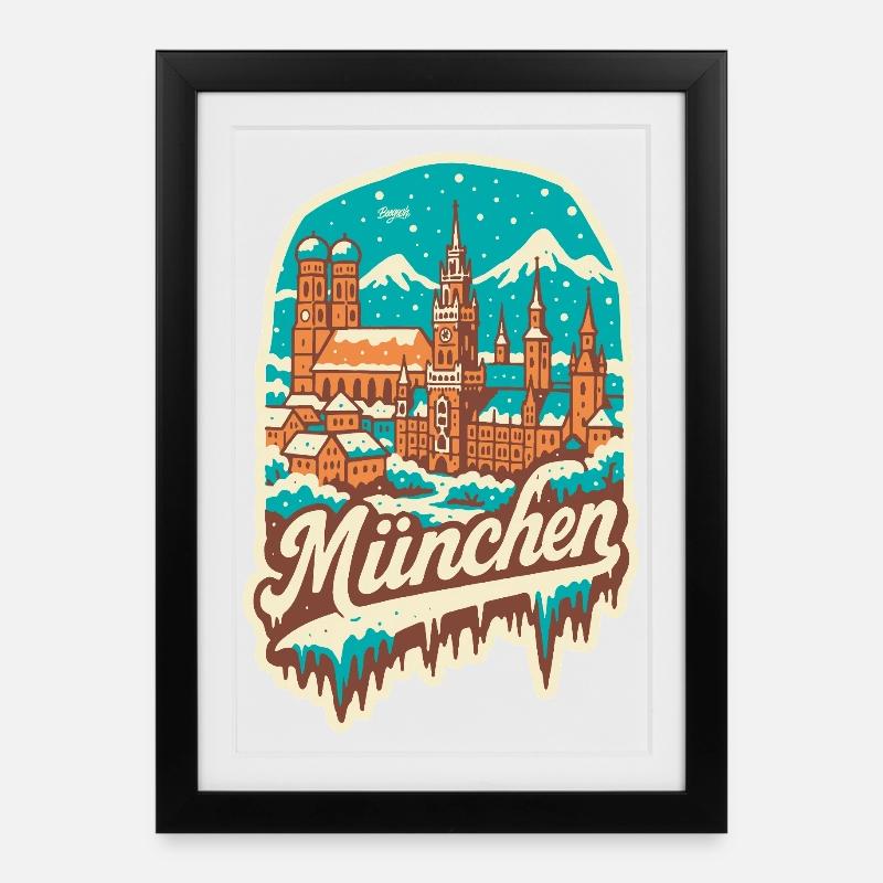 Munich en hiver - Illustration romantique - Affiche encadrée (27 × 37 cm) - noir