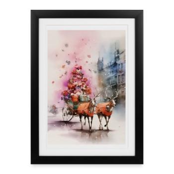Renne traîneau Noël Watercolor - Affiche encadrée (27 × 37 cm) - noir - Devant