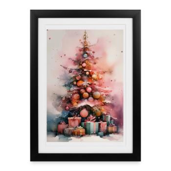 Arbre Noël aquarelle pastel - Affiche encadrée (27 × 37 cm) - noir - Devant