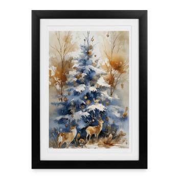 Arbre bleu de Noël et cerfs - Affiche encadrée (27 × 37 cm) - noir - Devant