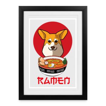 Corgi gallois ramen Kawaii Art japonais des nouilles - Affiche encadrée (27 × 37 cm) - noir - Devant
