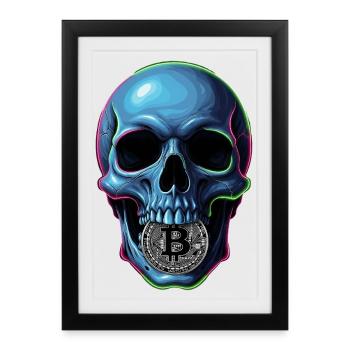 Crâne Cyber avec de l’art néon à la monnaie Bitcoin - Affiche encadrée (27 × 37 cm) - noir - Devant