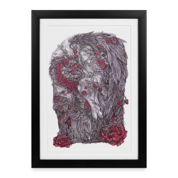 Statue d’ange dragon rose avec des roses Fanatsy Goth - Affiche encadrée (27 × 37 cm) - noir - Devant