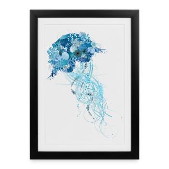 méduse bleue avec coraux, coquillages et anémones de mer - Affiche encadrée (27 × 37 cm) - noir - Devant