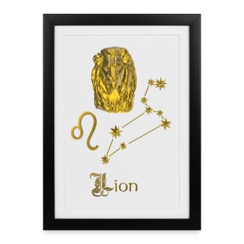 Zodiac sign Leo 3D, gold - Framed poster (27 × 37 cm) - black - Front