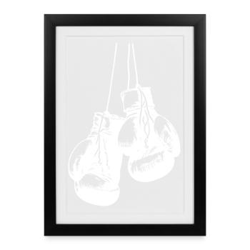 Conception de gants de boxe blancs suspendus. Conception de logo - Affiche encadrée (27 × 37 cm) - noir - Devant